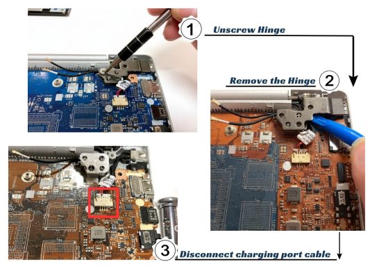 Lifting the hinge bracket to access charging port