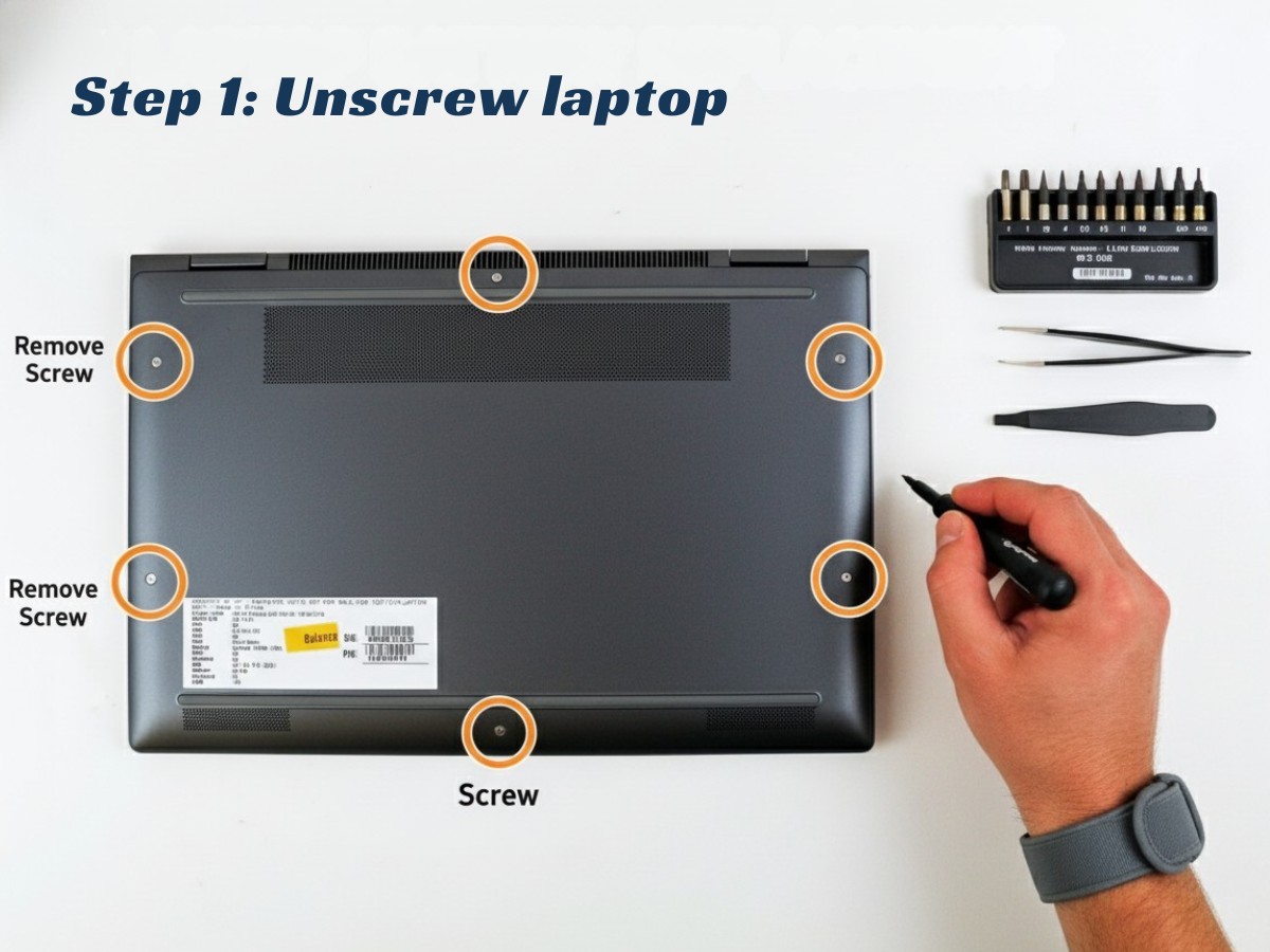 Removing screws from the bottom cover of a laptop