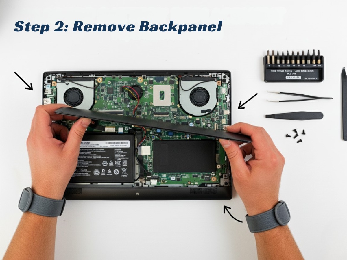 Prying open the laptop's bottom cover with a plastic tool